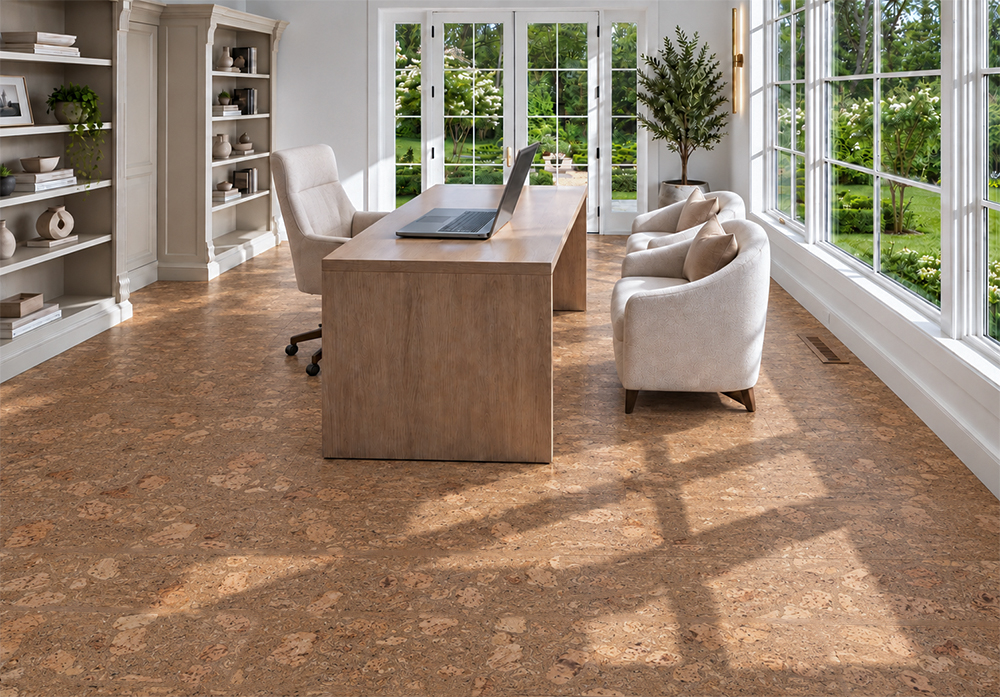 Rococo - 1/2&Quot; (12Mm) - Cork Floating (Froco12) Rococo 12Mm Swirling Cork Flooring Brings Warm Caramel Tones To A Garden-View Home Office.