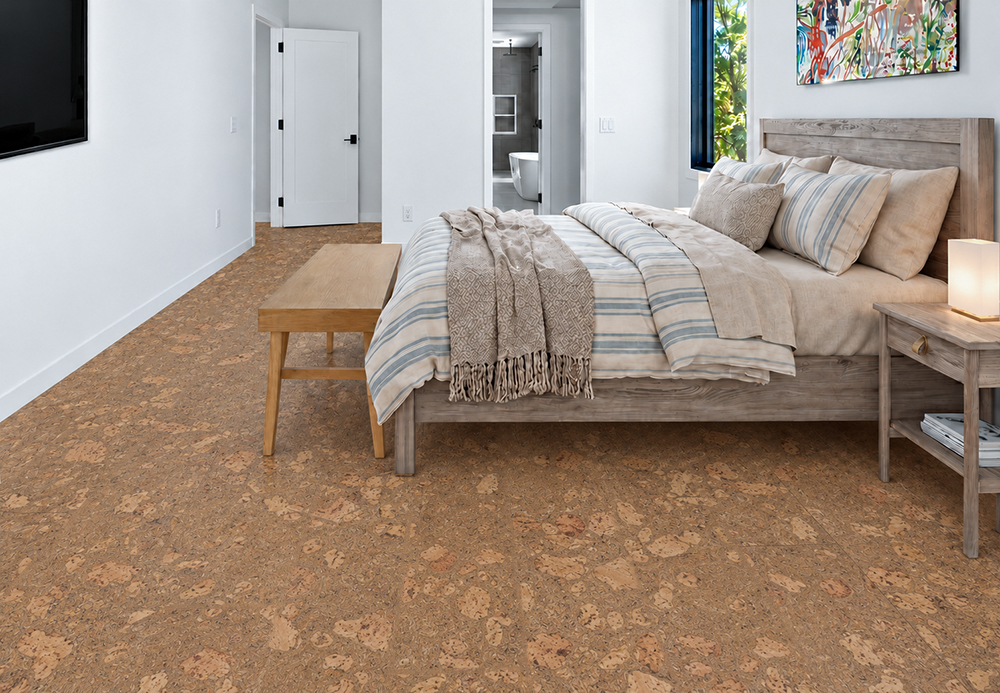 Rococo - 1/2&Quot; (12Mm) - Cork Floating (Froco12) Rococo Warm Amber Floating Cork Flooring With Marble-Like Pattern Surrounds A Wood Bed And Bench.