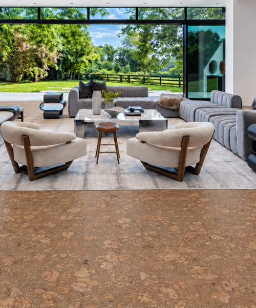 Rococo - 1/2&Quot; (12Mm) - Cork Floating (Froco12) Rococo Amber-Brown Cork Flooring Creates A Comfortable Open Living Room With Expansive Garden Views.