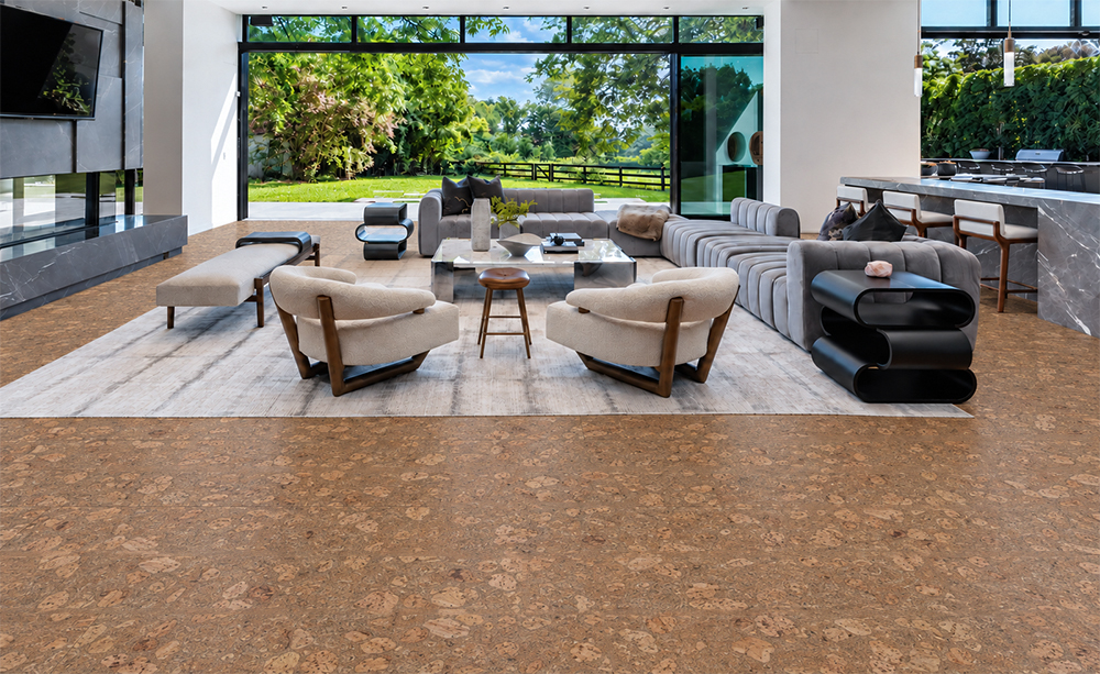 Rococo - 1/2&Quot; (12Mm) - Cork Floating (Froco12) Rococo Amber-Brown Cork Flooring Creates A Comfortable Open Living Room With Expansive Garden Views.