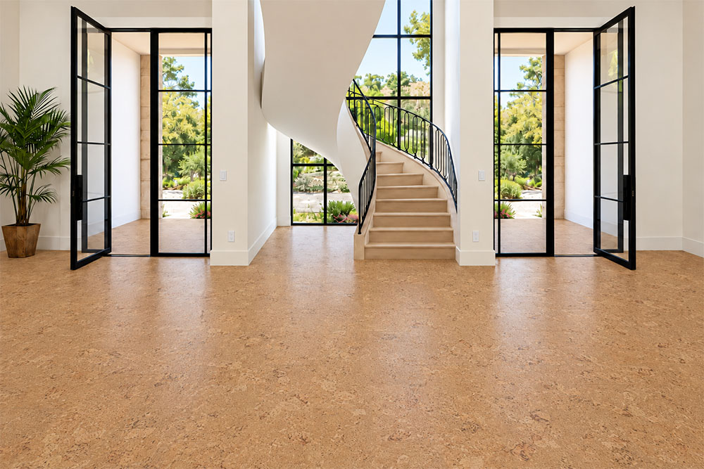 Salami - 1/4&Quot; (6Mm) - Cork Wall Tile Glue Down (Gsal6) Salami 12Mm Gold-Oak Floating Cork Flooring Spans A Bright Entryway With A Curved Staircase.