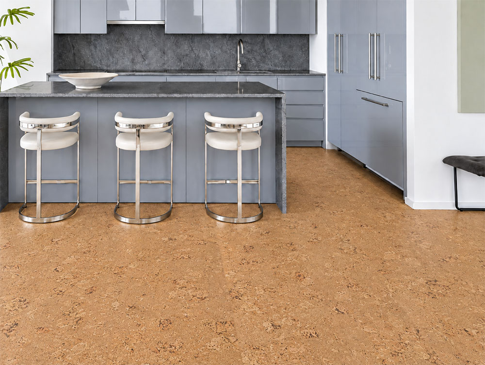 Salami - 1/4&Quot; (6Mm) - Cork Wall Tile Glue Down (Gsal6) Salami Gold-Oak Cork Floor Planks Complement A Gray Kitchen With Stone Island And White Stools.