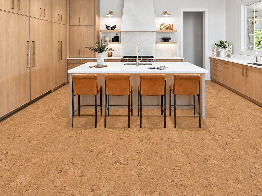 Salami - 1/4&Quot; (6Mm) - Cork Wall Tile Glue Down (Gsal6) Salami 12Mm Floating Cork Flooring Grounds A Light-Wood Kitchen With White Island And Leather Stools.