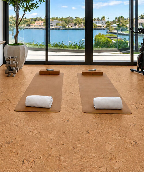 Salami - 1/4&Quot; (6Mm) - Cork Wall Tile Glue Down (Gsal6) Salami Gold-Oak Cork Flooring Creates A Comfortable Waterfront Yoga Room With Mats And Exercise Bike.