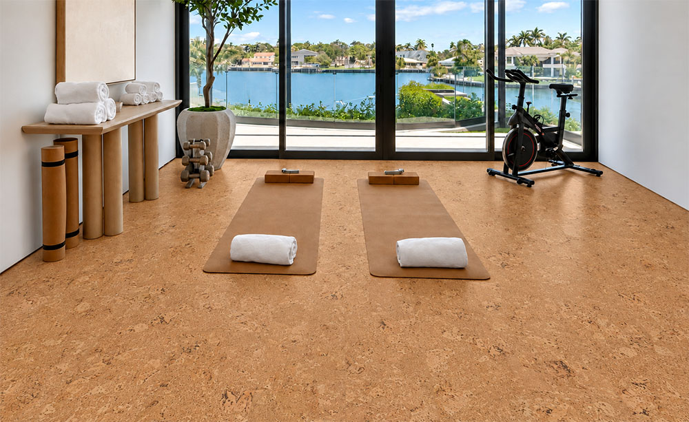 Salami - 1/4&Quot; (6Mm) - Cork Wall Tile Glue Down (Gsal6) Salami Gold-Oak Cork Flooring Creates A Comfortable Waterfront Yoga Room With Mats And Exercise Bike.