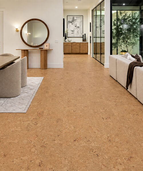 Salami - 1/4&Quot; (6Mm) - Cork Wall Tile Glue Down (Gsal6) Salami Sustainable Cork Flooring With Chunky Golden Texture Connects An Open Dining And Living Room.