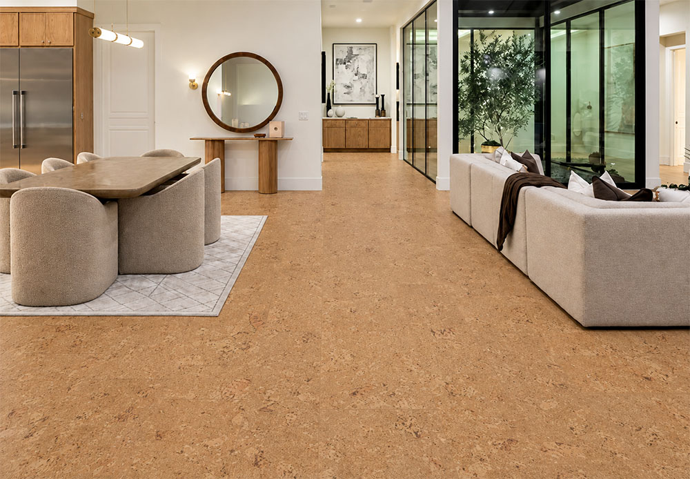 Salami - 1/4&Quot; (6Mm) - Cork Wall Tile Glue Down (Gsal6) Salami Sustainable Cork Flooring With Chunky Golden Texture Connects An Open Dining And Living Room.