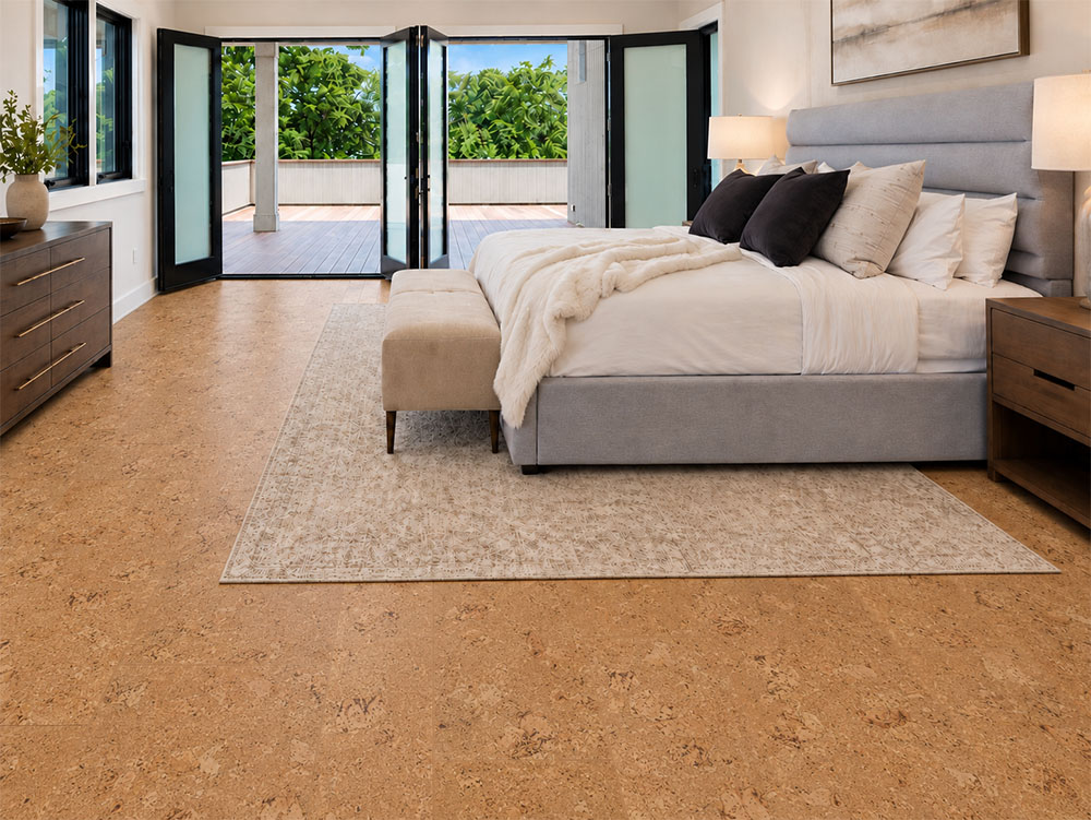 Salami - 1/4&Quot; (6Mm) - Cork Wall Tile Glue Down (Gsal6) Salami Golden Natural Cork Flooring Surrounds An Upholstered Bed Beside Open Patio Doors.