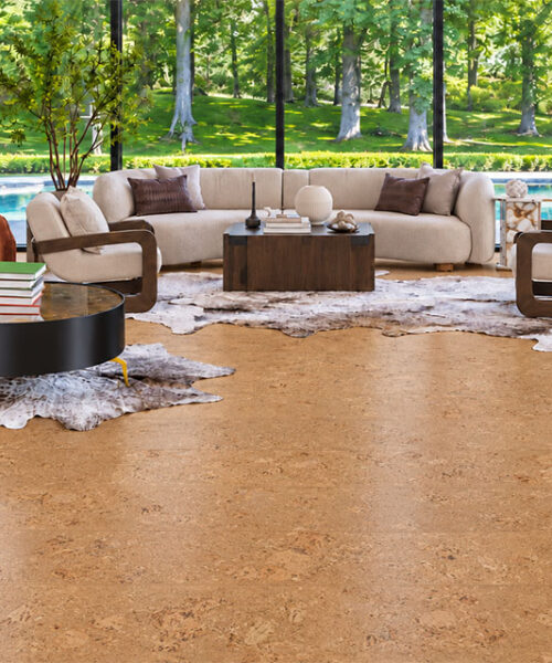 Salami - 1/4&Quot; (6Mm) - Cork Wall Tile Glue Down (Gsal6) Salami Golden Floating Cork Flooring Complements A Fireplace Living Room With Cream Seating And Pool Views.
