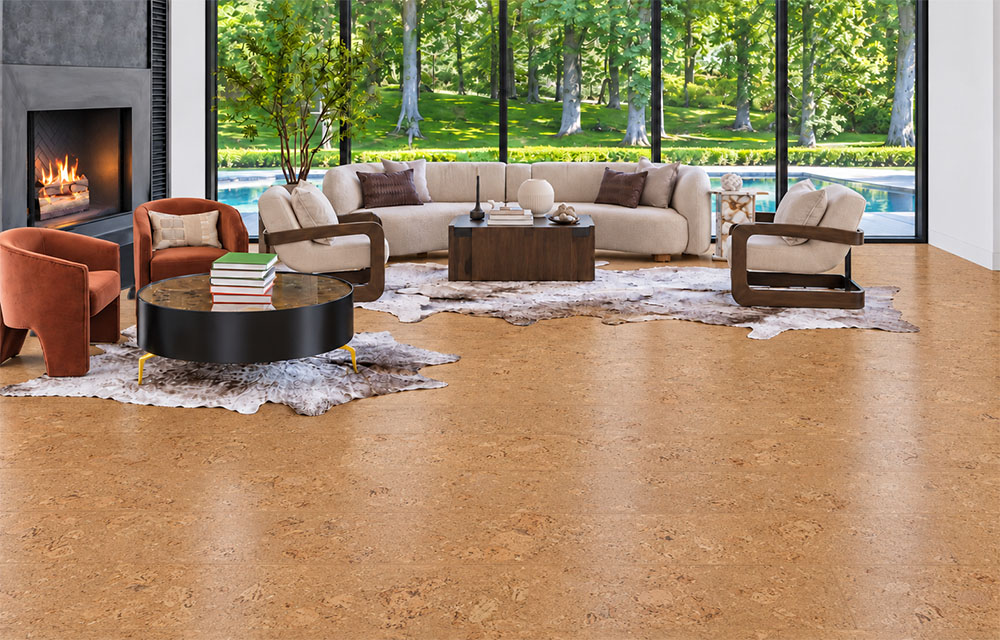 Salami - 1/4&Quot; (6Mm) - Cork Wall Tile Glue Down (Gsal6) Salami Golden Floating Cork Flooring Complements A Fireplace Living Room With Cream Seating And Pool Views.