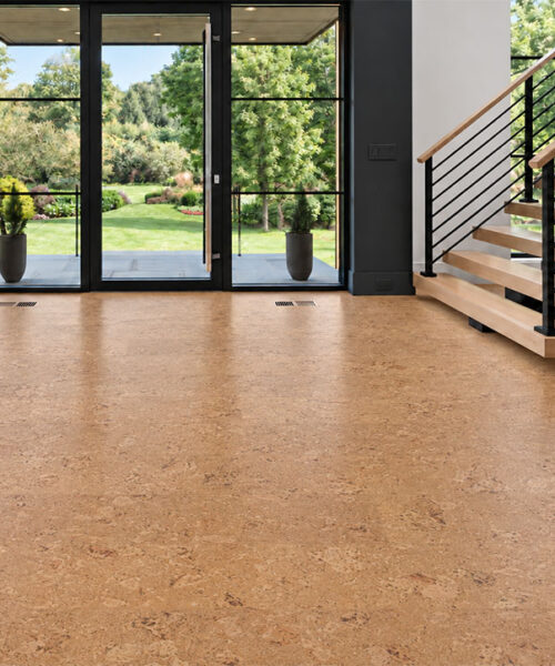 Salami - 1/4&Quot; (6Mm) - Cork Wall Tile Glue Down (Gsal6) Salami Natural Cork Flooring In Gold-Oak Tones Spans A Modern Entryway With An Open Staircase.