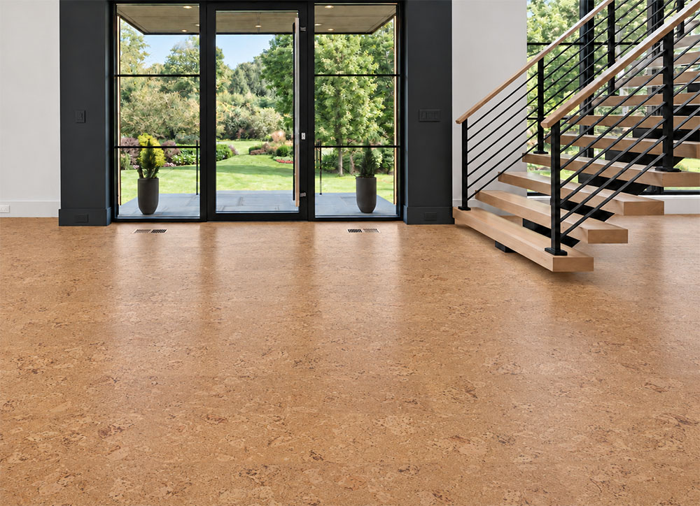 Salami - 1/4&Quot; (6Mm) - Cork Wall Tile Glue Down (Gsal6) Salami Natural Cork Flooring In Gold-Oak Tones Spans A Modern Entryway With An Open Staircase.
