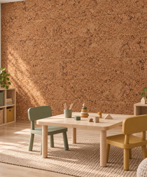 Salami glue-down cork tiles in a family craft room — wall application visualization