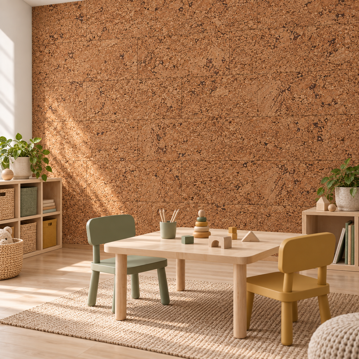 Salami - 1/4&Quot; (6Mm) - Cork Wall Tile Glue Down (Gsal6) Salami Glue-Down Cork Tiles In A Family Craft Room — Wall Application Visualization