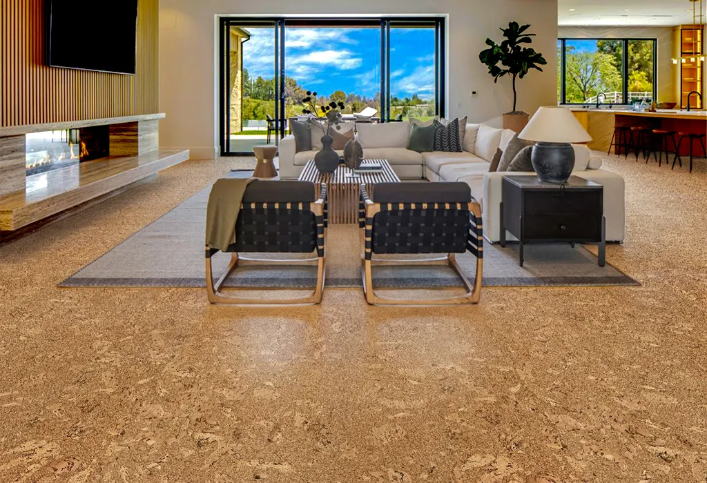 Salami Cork Floor Family Room Luxury Home Fireplace
