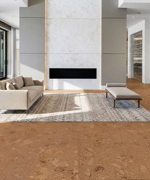 Modern open-concept living room featuring Salami natural cork flooring.
