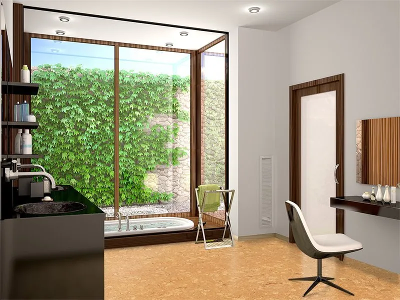 Salami Forna Cork Tiles In A Modern Bathroom Large Panoramic Window