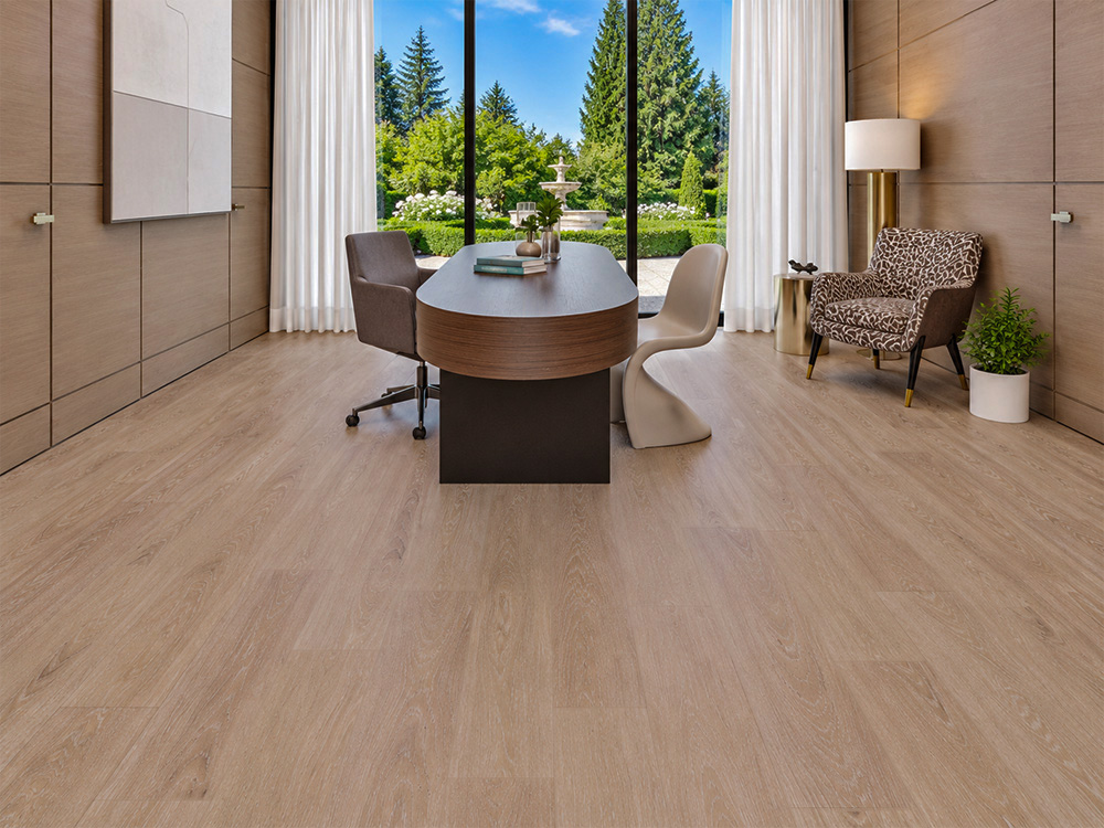 Sandstorm - 7/16&Quot; (11Mm) - Swiss Design Cork Floating (Fsan11) Sandstorm Beige Wood-Grain Cork Floating Flooring In A Comfortable Home Office With A Curved Desk, Wood-Paneled Walls, And Garden View.