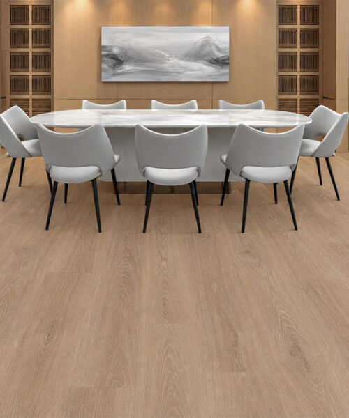 Sandstorm - 7/16&Quot; (11Mm) - Swiss Design Cork Floating (Fsan11) Sandstorm Light-Beige Wood-Look Cork Flooring In A Modern Dining Room With A White Marble Table, Upholstered Chairs, And Paneled Feature Wall.