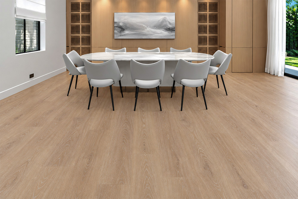 Sandstorm - 7/16&Quot; (11Mm) - Swiss Design Cork Floating (Fsan11) Sandstorm Light-Beige Wood-Look Cork Flooring In A Modern Dining Room With A White Marble Table, Upholstered Chairs, And Paneled Feature Wall.