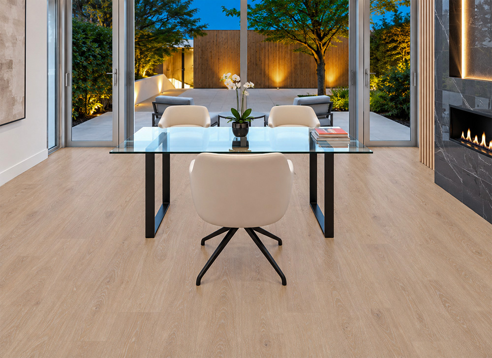 Sandstorm - 7/16&Quot; (11Mm) - Swiss Design Cork Floating (Fsan11) Comfortable Sandstorm Light-Tan Cork Floating Flooring In A Contemporary Home Office With A Glass Desk, Stone Fireplace, And Illuminated Courtyard.