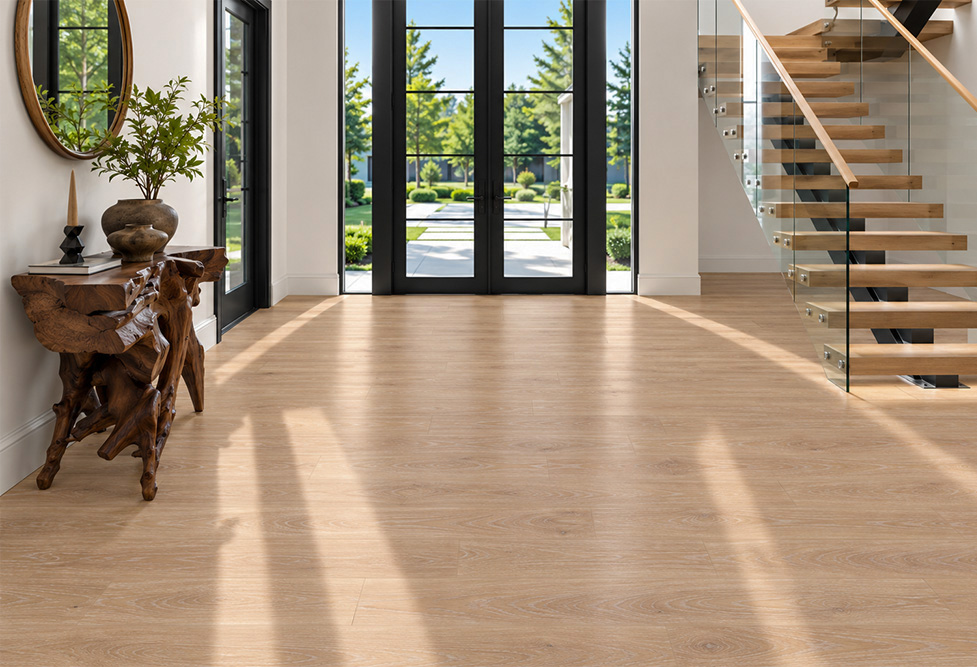 Sandstorm - 7/16&Quot; (11Mm) - Swiss Design Cork Floating (Fsan11) Sustainable Sandstorm Wood-Grain Cork Flooring In A Sunlit Modern Entryway With Black-Framed Doors, A Glass Staircase, And Sculptural Wood Console.