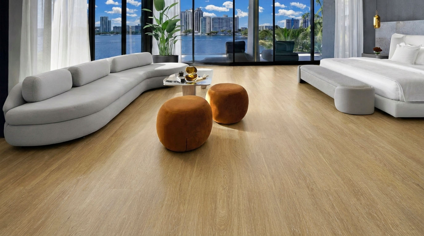 Long Beach - 7/16&Quot; (11Mm) - Swiss Design Floating (Flb11) Sandstorm Swiss Design Cork Floating Flooring In A Luxury Waterfront Bedroom Featuring Light Oak Wood Grain, A Curved White Sofa, Floor-To-Ceiling Windows, And A Modern Platform Bed.