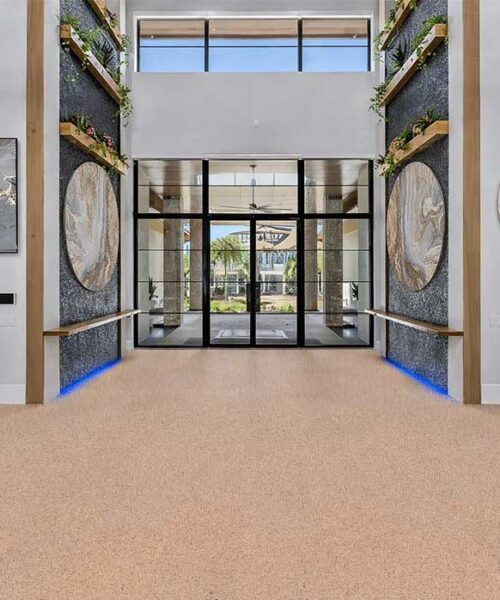 Seaside - 7/16&Quot; (11Mm) - Swiss Real Cork Floating (Fsea11) Modern Entryway With Seaside Cork Flooring, Decorative Wall Panels, And Bright Open Interior Design.