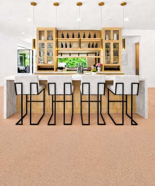 Seaside - 7/16&Quot; (11Mm) - Swiss Real Cork Floating (Fsea11) Open-Concept Entertainment Area With Seaside Cork Flooring, Modern Bar Island, And Elegant Lighting.