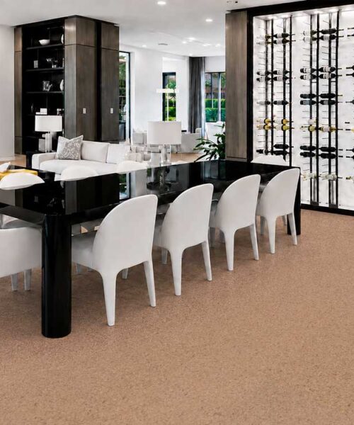 Light Tan Seaside Swiss Real Cork Floating Flooring Complements An Elegant Dining Room With A Wine Display.