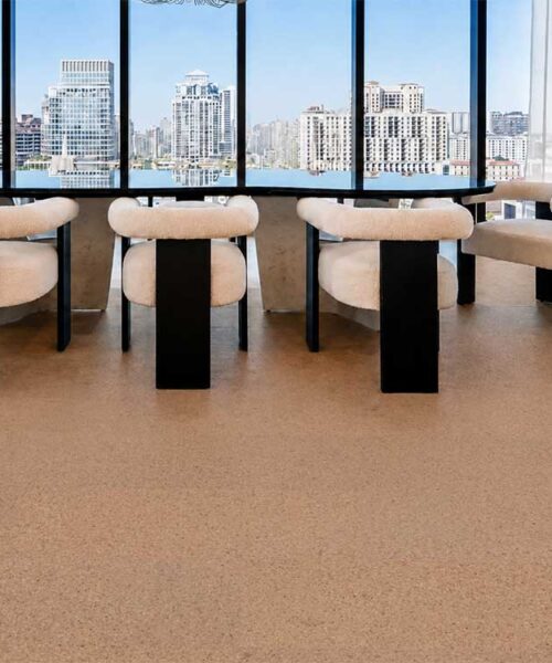 Seaside Swiss Real Cork Flooring Adds Natural Warmth To A High-Rise Dining Room With City Views.