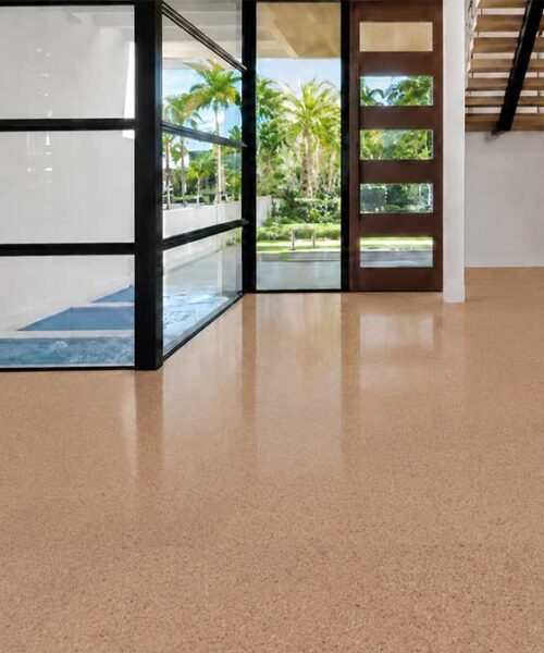 Light Seaside Natural Cork Flooring With Fine Speckled Texture Brightens A Modern Glass Entryway.