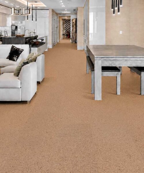 Seaside Natural Cork Flooring Spans An Open-Concept Living And Dining Space With Contemporary Furniture.