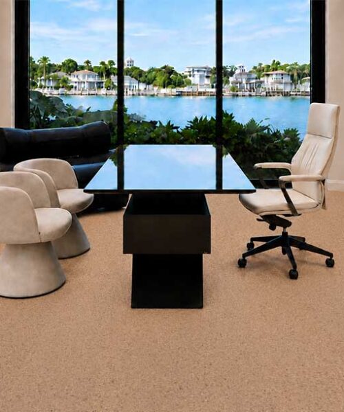 Sustainable Seaside Floating Cork Flooring With Soft Tan Tones Completes A Waterfront Home Office.