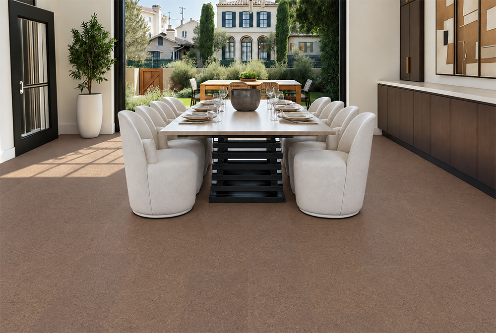 Shoreline - 25/64&Quot; (10Mm) - Cork Floating (Fshol10) Shoreline 10Mm Natural Mid-Brown Floating Cork Flooring Anchors A Bright Dining Room With Garden Doors.