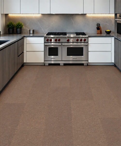Shoreline - 25/64&Quot; (10Mm) - Cork Floating (Fshol10) Natural Mid-Brown Shoreline 10Mm Cork Floor Planks Line A Contemporary Kitchen With Stainless Appliances.