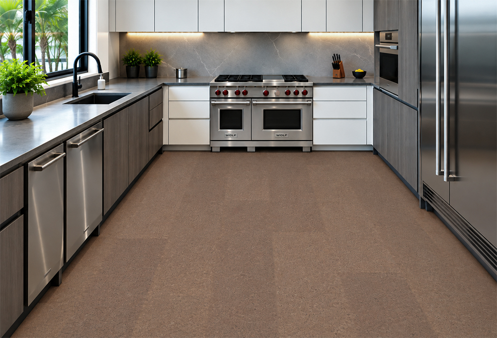 Shoreline - 25/64&Quot; (10Mm) - Cork Floating (Fshol10) Natural Mid-Brown Shoreline 10Mm Cork Floor Planks Line A Contemporary Kitchen With Stainless Appliances.