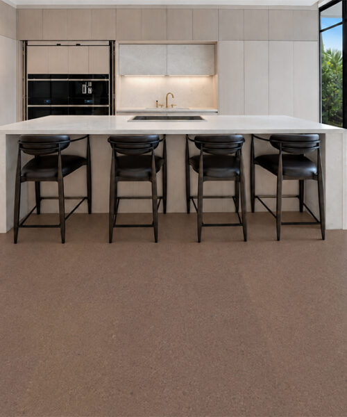 Shoreline - 25/64&Quot; (10Mm) - Cork Floating (Fshol10) Shoreline 10Mm Speckled Floating Cork Flooring Warms A Minimalist Kitchen With Marble Island And Black Stools.