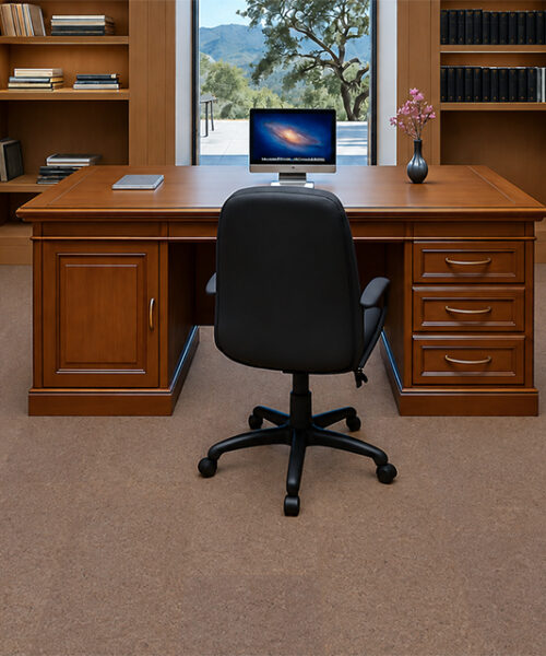 Shoreline - 25/64&Quot; (10Mm) - Cork Floating (Fshol10) Natural Mid-Brown Shoreline 10Mm Cork Flooring Creates A Quiet Office Setting With Wooden Desk And Bookcases.