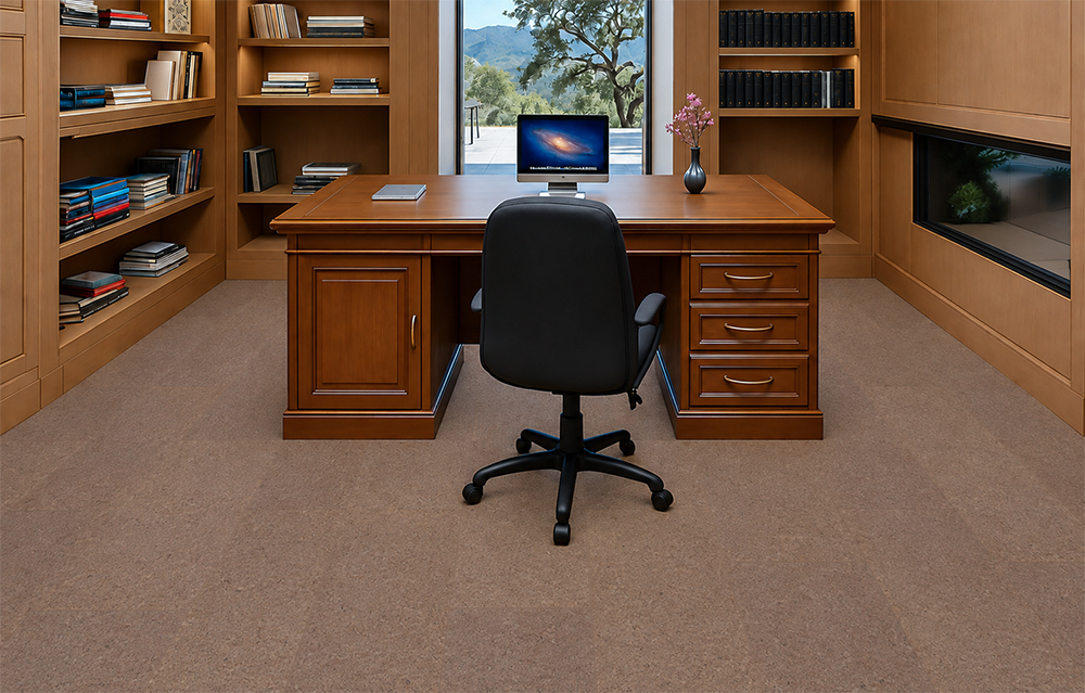Shoreline - 25/64&Quot; (10Mm) - Cork Floating (Fshol10) Natural Mid-Brown Shoreline 10Mm Cork Flooring Creates A Quiet Office Setting With Wooden Desk And Bookcases.