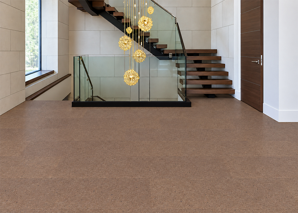 Shoreline - 25/64&Quot; (10Mm) - Cork Floating (Fshol10) Shoreline 10Mm Floating Cork Flooring Shows A Subtle Mid-Brown Speckled Pattern Beside Glass-Railed Stairs.