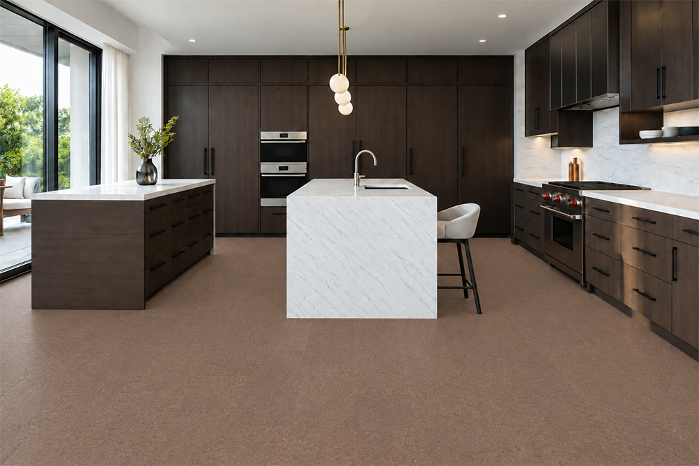 Shoreline - 25/64&Quot; (10Mm) - Cork Floating (Fshol10) Natural Mid-Brown Shoreline Cork Floor Planks Complement Dark Wood Cabinets And A White Waterfall Island.