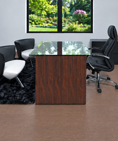 Shoreline - 25/64&Quot; (10Mm) - Cork Floating (Fshol10) Shoreline 10Mm Cork Flooring For An Office Features Subtle Speckling Around A Glass-Topped Desk.