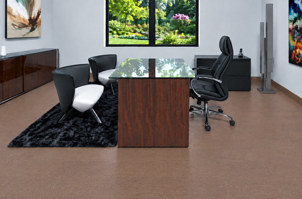Shoreline - 25/64&Quot; (10Mm) - Cork Floating (Fshol10) Shoreline 10Mm Cork Flooring For An Office Features Subtle Speckling Around A Glass-Topped Desk.