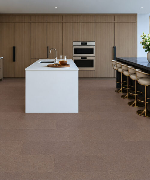 Shoreline - 25/64&Quot; (10Mm) - Cork Floating (Fshol10) Shoreline 10Mm Natural Cork Flooring In Mid-Brown Complements Dual Kitchen Islands And Brass Stools.