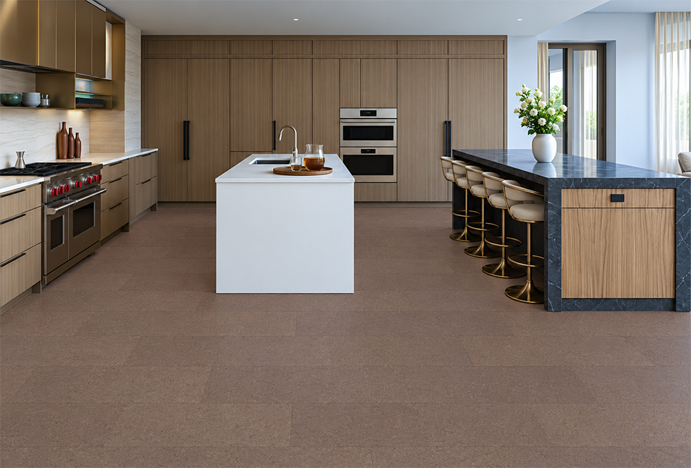 Shoreline - 25/64&Quot; (10Mm) - Cork Floating (Fshol10) Shoreline 10Mm Natural Cork Flooring In Mid-Brown Complements Dual Kitchen Islands And Brass Stools.