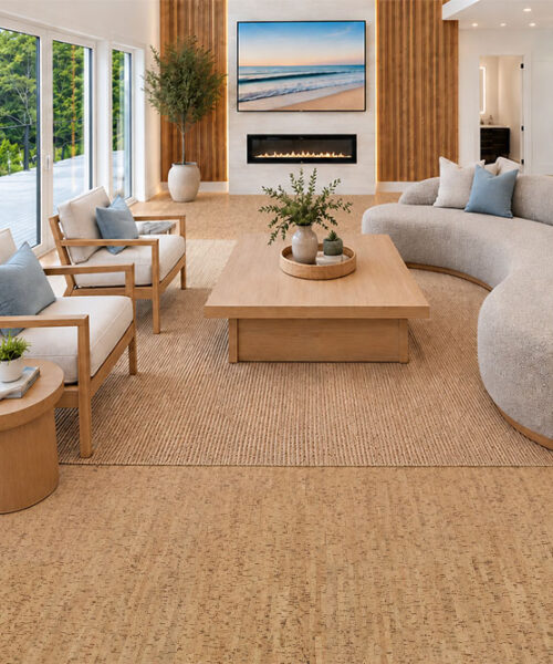 Silver Birch natural cork flooring with narrow gold striping complements a marble-island kitchen and garden dining area.