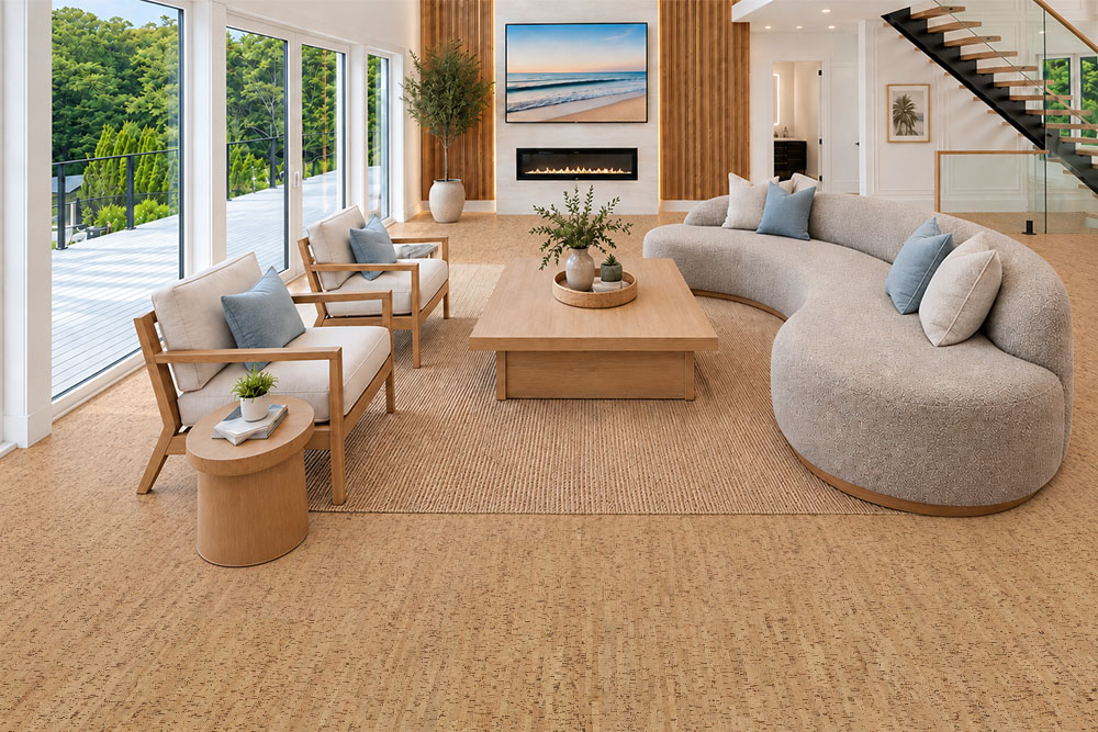 Silver Birch - 1/4&Quot; (6Mm) - Cork Glue Down Tile (Gsb6) Silver Birch Natural Cork Flooring With Narrow Gold Striping Complements A Marble-Island Kitchen And Garden Dining Area.
