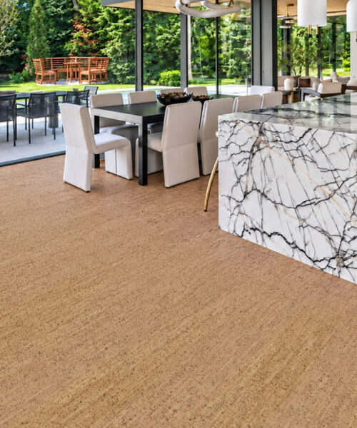 Silver Birch - 1/4&Quot; (6Mm) - Cork Glue Down Tile (Gsb6) Silver Birch 12Mm Natural Cork Flooring With Golden Ribbon Texture Spans A Kitchen With A Marble Island.