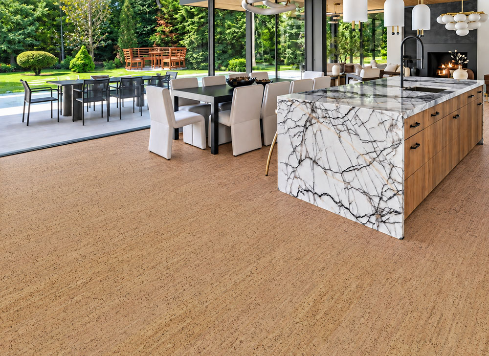 Silver Birch - 1/4&Quot; (6Mm) - Cork Glue Down Tile (Gsb6) Silver Birch 12Mm Natural Cork Flooring With Golden Ribbon Texture Spans A Kitchen With A Marble Island.